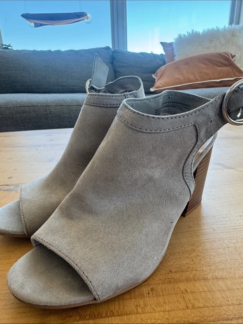 a new day Gray Open-Toe Suede Ankle Strap Sandals with Round Silver Buckle